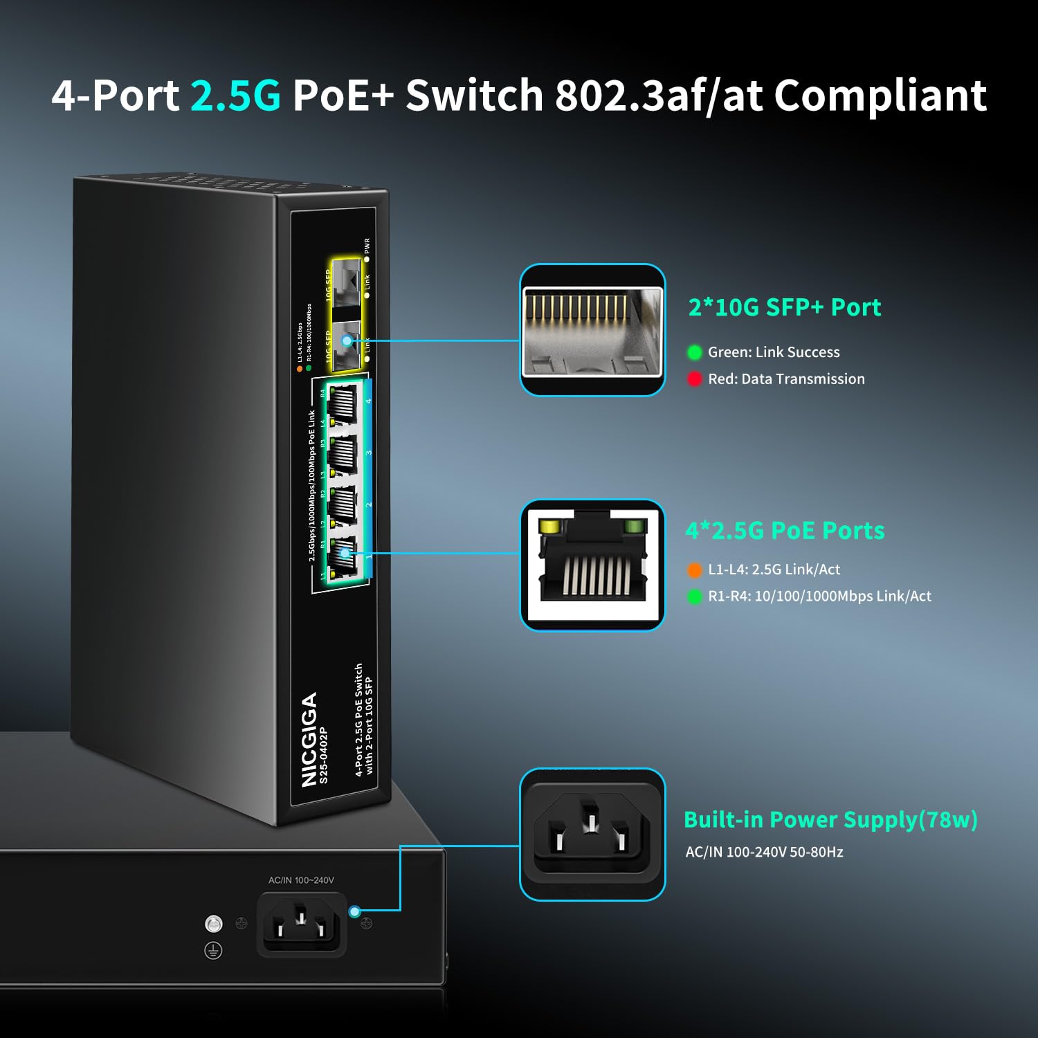 Amazon.com: 4 Port 2.5G PoE Switch Unmanaged with 4 x 2.5Gb Base-T